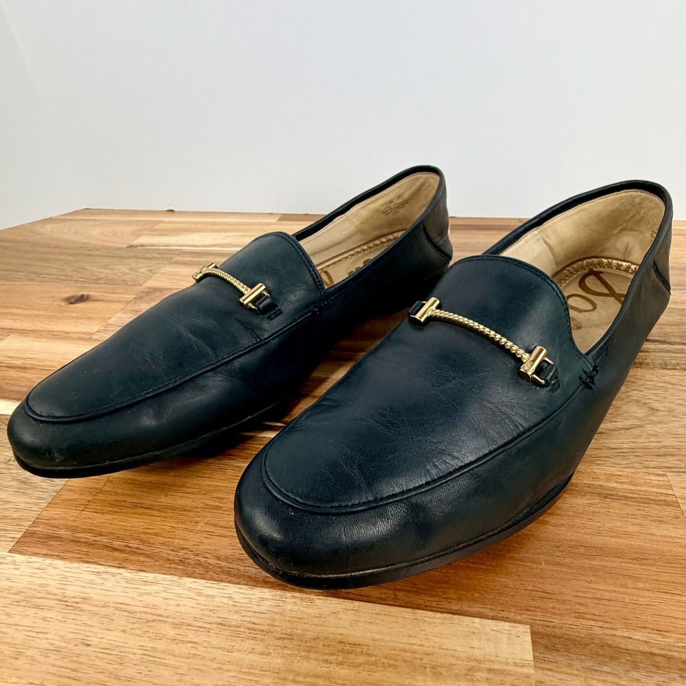 SAM EDELMAN Black Leather Gold Chain Detail‎ Loafers Women 7.5M